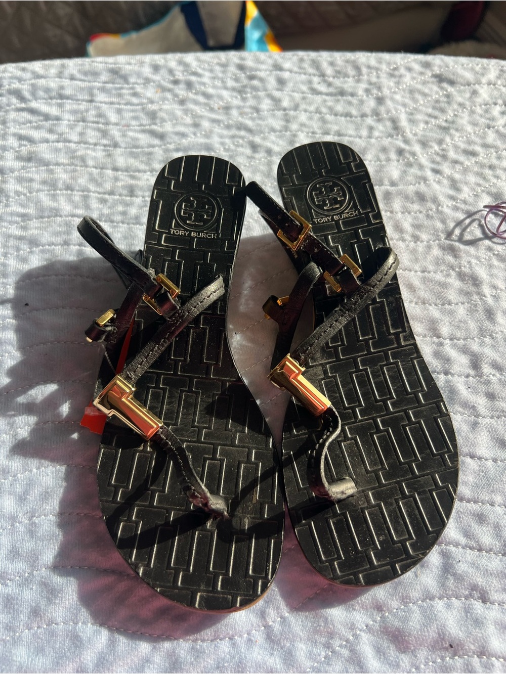 Tory Burch Black T-Strap Sandals with Gold Hardware